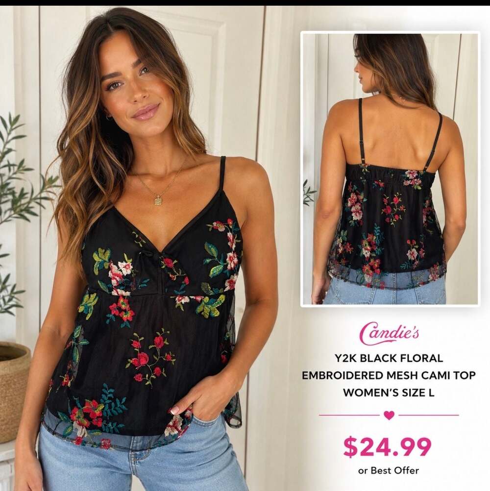 Candie’s Y2K Black Floral Embroidered Mesh Cami Top Women’s L Babydoll Fairy